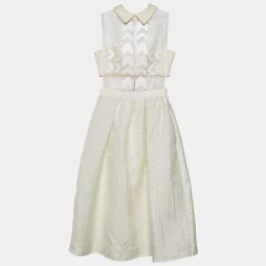 Self-Portrait Cream Jacquard Sequined Lasercut Collar Detail Dress S