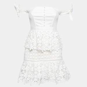 Self-Portrait White Floral Guipure Lace Off-Shoulder Mini Dress S