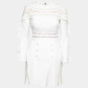 Self Portrait White Crepe and Lace Ruffle Trim Detailed Pleated Dress S