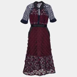 Self-Portrait Maroon & Navy Blue Floral Lace Grid Midi Dress M