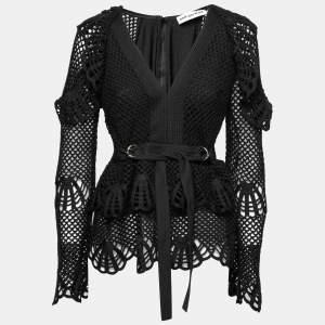 Self-Portrait Black Crochet V-Neck Ruffle Long Sleeve Top M