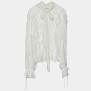 Pre Owned Self-Portrait White Paneled Lace Sheer Draped Sleeve Top L
