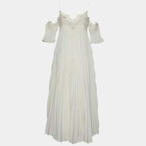 Self-Portrait White Crepe Pleated Lace Trim Off-Shoulder Dress S