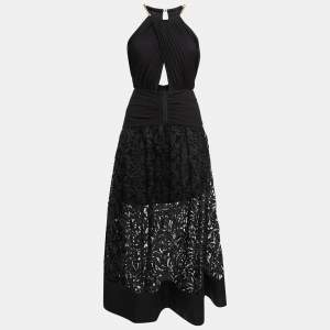 مملوكة مسبقًا Self-Portrait Black Guipure Lace & Crepe Cut-Out Detail Midi Dress S