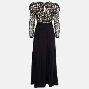 Self-Portrait Black Sequin Embellished Tulle & Crepe Pleated Dress S
