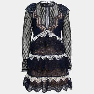 Self-Portrait Blue & Black Lace Ruffled Flared Mini Dress M 