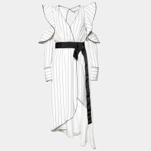 Self-Portrait White Striped Crepe Ruffled Belted Midi Dress S
