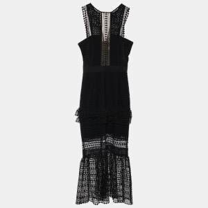 Self-Portrait Black Guipure Lace Ruffled Midi Dress XS