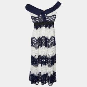 Self-Portrait Navy Blue & White Lace Off Shoulder Midi Dress S