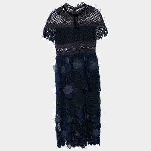 Self-Portrait Navy Blue Guipure Lace & Mesh Midi Dress M