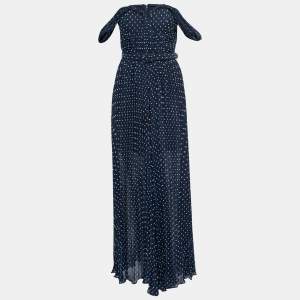 Self-Portrait Blue Dotted Chiffon Off-Shoulder Pleated Jumpsuit S