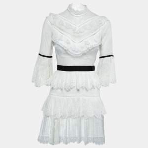 Self-Portrait White Lace Ruffled Midi Dress S