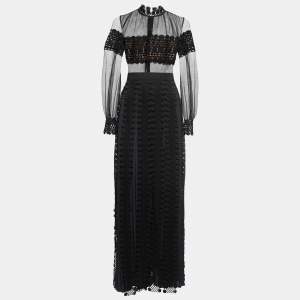 Self-Portrait Navy Blue & Black Lace Overlay Maxi Dress S