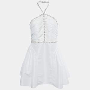 Self-Portrait White Taffeta Rhinestone Embellished Mini Dress M