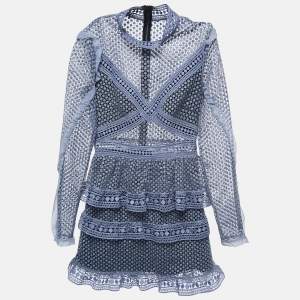 Self-Portrait Blue Guipure Lace Tiered Mini Dress S