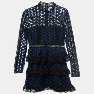 Self-Portrait Navy Blue Star Lace High-Neck Ruffled Mini Dress M
