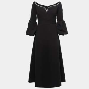 Self-Portrait Black Crepe Embellished Puff-Sleeve Maxi Dress S