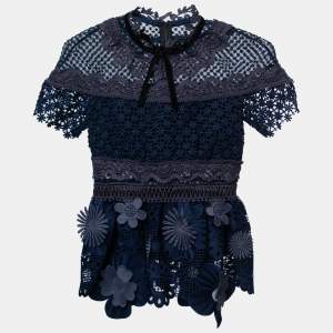Self-Portrait Blue Floral Guipure Lace Peplum Top S
