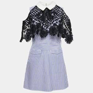 Self-Portrait Blue Striped Cotton Lace Overlay Mini Dress M