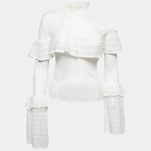 Self-Portrait White Open Knit Ruffled Cutout Detail Pullover S