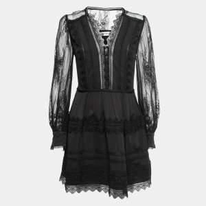 Self-Portrait Black Silk Lace Trimmed Long Sleeve Mini Dress S