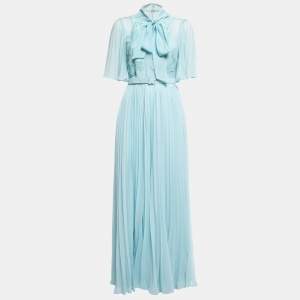 Self-Portrait Light Blue Chiffon Lace Trimmed Bow Detail Belted Maxi Dress S