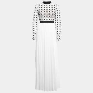 Self Portrait White/Black Crepe & Lace Pleated Maxi Dress S