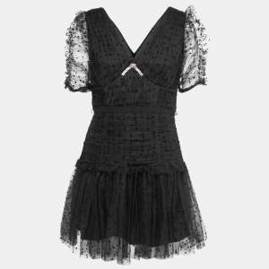 Self-Portrait Black Polka Dotted Tulle Crystal Embellished V-Neck Mini Dress M