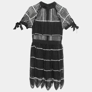Self-Portrait Black Crochet Overlay Short Sleeve Mini Dress S