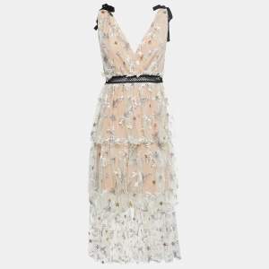 Self-Portrait Beige Sequin Embroidered Tulle Tiered Midi Dress M