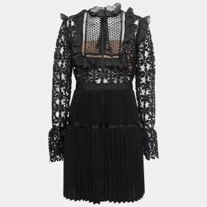 Self-Portrait Black Guipure Lace & Organza Trim Pleated Adeline Dress M