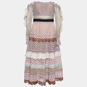 Self-Portrait Pink Guipure Lace Off Shoulder Midi Dress M