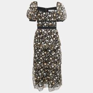 Self-Portrait Black Sequined Tulle Tiered Midi Dress M