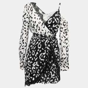 Self-Portrait Black-White Leopard Print Crepe De Chine Lace Trim Wrap Dress M