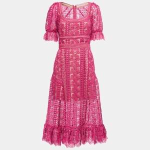 Self-Portrait Dark Pink Guipure Lace Ruffle Detail Midi Dress M