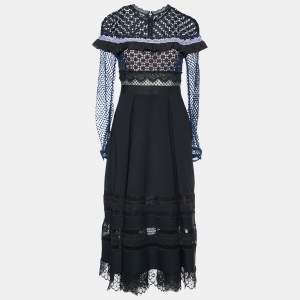 Self-Portrait Black Crepe & Lace Trim Midi Dress M
