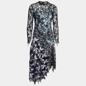 Self-Portrait Black Floral Lace Asymmetrical Midi Dress S