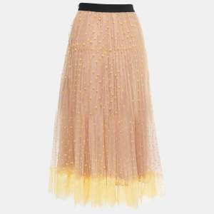 Self-Portrait Beige/Yellow Dotted Tulle Lace Trimmed Elasticized Waist Midi Skirt S