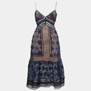 Self-Portrait Navy Blue Floral Lace Strappy Midi Dress S