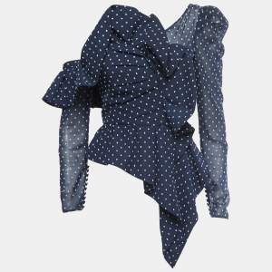 Self-Portrait Navy Blue Swiss Dot Draped One Shoulder Blouse S