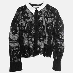 Self-Portrait Black Guipure Floral Lace Collared Shirt L