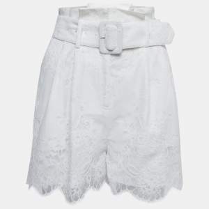 Self-Portrait White Cotton Blend Lace Belted Paperbag Shorts S