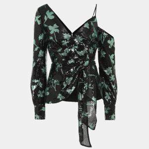Self-Portrait Black/Green Leaf Dequined Asymmetrical Top M