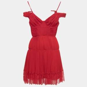 Self-Portrait Red Chiffon Pleated Mini Dress S