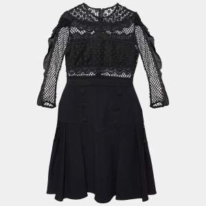 Self-Portrait Black Lace & Crepe Long Sleeve Mini Dress M