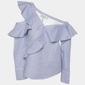 Self Portrait Blue and White Striped Ruffle Detail Off Shoulder Asymmetric Shirt L