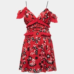 Self-Portrait Red Floral Printed Crepe Ruffled Mini Dress M