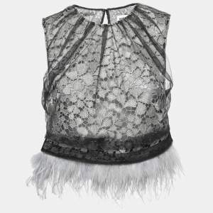 Self-Portrait Black Lace Tulle Overlay Feather Trim Top S