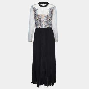 Self-Portrait Blue Lace & Black Pleated Crepe Applique Detail Moni Maxi Dress L