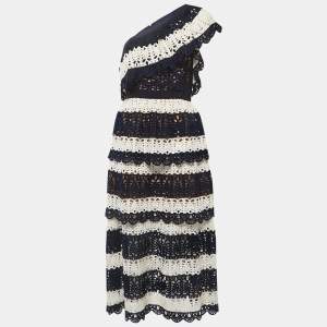 Self-Portrait Navy Blue/White Knit Tiered One Shouldered Midi Dress M